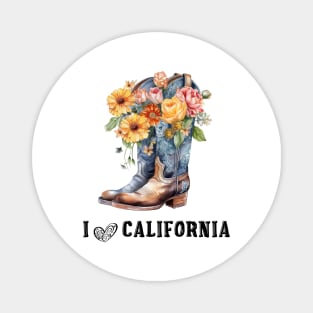 I Love California Boho Cowboy Boots with Flowers Magnet